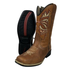 Bota Texana Infantil La Mexicana Bico Quadrado Couro Dallas Havana C/ Bordados Cru/Vermelho Rodeio Preto Ref:106136