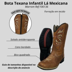 Bota Texana Infantil La Mexicana Bico Quadrado Couro Dallas Havana C/ Bordados Cru/Vermelho Rodeio Preto Ref:106136