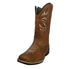 Bota Texana Infantil La Mexicana Bico Quadrado Couro Dallas Havana C/ Bordados Cru/Vermelho Rodeio Preto Ref:106136