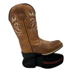 Bota Texana Infantil La Mexicana Bico Quadrado Couro Dallas Havana C/ Bordados Cru/Vermelho Rodeio Preto Ref:106136