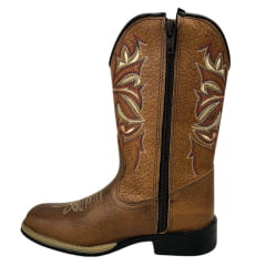 Bota Texana Infantil La Mexicana Bico Quadrado Couro Dallas Havana C/ Bordados Cru/Vermelho Rodeio Preto Ref:106136