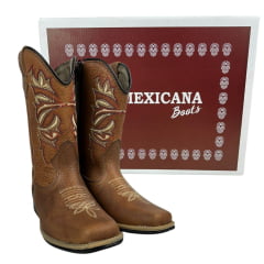 Bota Texana Infantil La Mexicana Bico Quadrado Couro Dallas Havana C/ Bordados Cru/Vermelho Rodeio Preto Ref:106136