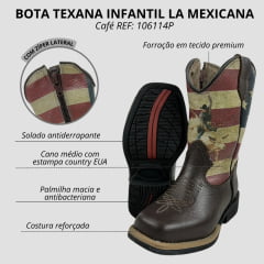 Bota Texana Infantil La Mexicana Bico Quadrado Couro Floater Café/At. Cano Bandeira USA C/ Zíper Sola Rodeio REF: 106114P