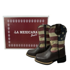 Bota Texana Infantil La Mexicana Bico Quadrado Couro Floater Café/At. Cano Bandeira USA C/ Zíper Sola Rodeio REF: 106114P