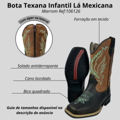 Bota Texana Infantil La Mexicana Bico Quadrado Malboro Castanho/Whisky Bordado Verde C/ Zíper Rodeio Preto Ref:106126