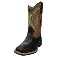 Bota Texana Infantil La Mexicana Bico Quadrado Malboro Castanho/Whisky Bordado Verde C/ Zíper Rodeio Preto Ref:106126