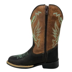 Bota Texana Infantil La Mexicana Bico Quadrado Malboro Castanho/Whisky Bordado Verde C/ Zíper Rodeio Preto Ref:106126