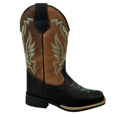 Bota Texana Infantil La Mexicana Bico Quadrado Malboro Castanho/Whisky Bordado Verde C/ Zíper Rodeio Preto Ref:106126