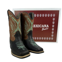 Bota Texana Infantil La Mexicana Bico Quadrado Malboro Castanho/Whisky Bordado Verde C/ Zíper Rodeio Preto Ref:106126