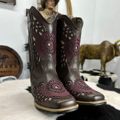 Bota Texana Infantil La Mexicana Bico Quadrado Couro Dallas Café Bordado Bronze /Bordô C/ Zíper Rodeio Preto Ref:106138