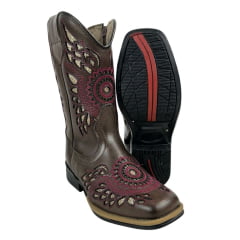 Bota Texana Infantil La Mexicana Bico Quadrado Couro Dallas Café Bordado Bronze /Bordô C/ Zíper Rodeio Preto Ref:106138