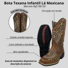 Bota Texana Infantil La Mexicana Bico Quadrado Couro Dallas Havana Com Bordado Cesr. Ouro Zíper Sola Rodeio Ref:106139