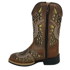 Bota Texana Infantil La Mexicana Bico Quadrado Couro Dallas Havana Com Bordado Cesr. Ouro Zíper Sola Rodeio Ref:106139