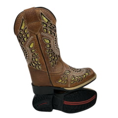 Bota Texana Infantil La Mexicana Bico Quadrado Couro Dallas Havana Com Bordado Cesr. Ouro Zíper Sola Rodeio Ref:106139