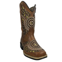 Bota Texana Infantil La Mexicana Bico Quadrado Couro Dallas Havana Com Bordado Cesr. Ouro Zíper Sola Rodeio Ref:106139