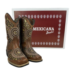 Bota Texana Infantil La Mexicana Bico Quadrado Couro Dallas Havana Com Bordado Cesr. Ouro Zíper Sola Rodeio Ref:106139