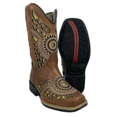 Bota Texana Infantil La Mexicana Bico Quadrado Couro Dallas Havana Com Bordado Cesr. Ouro Zíper Sola Rodeio Ref:106139