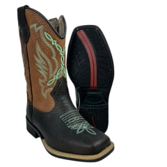 Bota Texana Infantil La Mexicana Bico Quadrado Malboro Castanho/Whisky Bordado Verde C/ Zíper Rodeio Preto Ref:106126