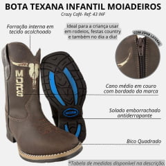 Bota Texana Infantil Moiadeiros Bico Quadrado Couro Crazy Café Bordado Creme Ref. 43 INF