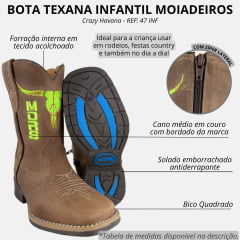 Bota Texana Infantil Moiadeiros Bico Quadrado Couro Crazy Havana Bordado Verde Neon Ref. 47 INF