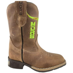 Bota Texana Infantil Moiadeiros Bico Quadrado Couro Crazy Havana Bordado Verde Neon Ref. 47 INF