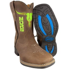 Bota Texana Infantil Moiadeiros Bico Quadrado Couro Crazy Havana Bordado Verde Neon Ref. 47 INF
