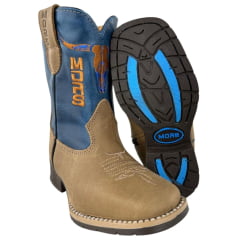 Bota Texana Infantil Moiadeiros Bico Quadrado Couro Fóssil Havana Cano Azul Bordado Laranja Ref. 42 INF