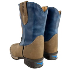 Bota Texana Infantil Moiadeiros Bico Quadrado Couro Fóssil Havana Cano Azul Bordado Laranja Ref. 42 INF