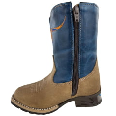 Bota Texana Infantil Moiadeiros Bico Quadrado Couro Fóssil Havana Cano Azul Bordado Laranja Ref. 42 INF