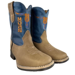 Bota Texana Infantil Moiadeiros Bico Quadrado Couro Fóssil Havana Cano Azul Bordado Laranja Ref. 42 INF