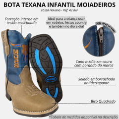 Bota Texana Infantil Moiadeiros Bico Quadrado Couro Fóssil Havana Cano Azul Bordado Laranja Ref. 42 INF