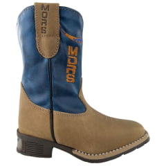 Bota Texana Infantil Moiadeiros Bico Quadrado Couro Fóssil Havana Cano Azul Bordado Laranja Ref. 42 INF