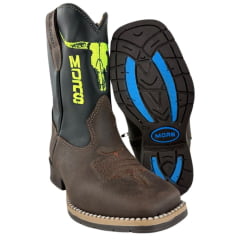 Bota Texana Infantil Moiadeiros Bico Quadrado Couro Fóssil/Preto Bordado Verde Neon Ref. 41 INF