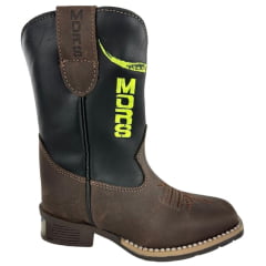 Bota Texana Infantil Moiadeiros Bico Quadrado Couro Fóssil/Preto Bordado Verde Neon Ref. 41 INF