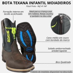 Bota Texana Infantil Moiadeiros Bico Quadrado Couro Fóssil/Preto Bordado Verde Neon Ref. 41 INF