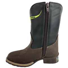 Bota Texana Infantil Moiadeiros Bico Quadrado Couro Fóssil/Preto Bordado Verde Neon Ref. 41 INF
