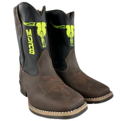 Bota Texana Infantil Moiadeiros Bico Quadrado Couro Fóssil/Preto Bordado Verde Neon Ref. 41 INF
