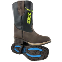 Bota Texana Infantil Moiadeiros Bico Quadrado Couro Fóssil/Preto Bordado Verde Neon Ref. 41 INF