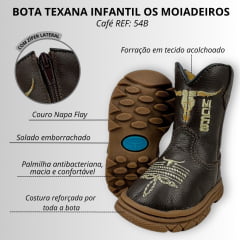 Bota Texana Infantil Moiadeiros Couro Napa Flay Café C/ Bordado Sola Baby - REF: 54B