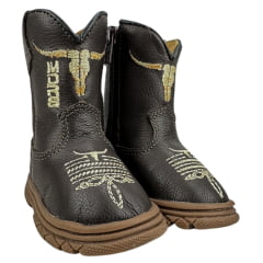 Bota Texana Infantil Moiadeiros Couro Napa Flay Café C/ Bordado Sola Baby - REF: 54B