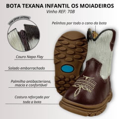 Bota Texana Infantil Moiadeiros Couro Napa Flay Vinho Cano Pelo Branco/Preto Sola Baby - REF: 70B