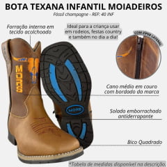 Bota Texana Infantil Os Moiadeiros Bico Quadrado Couro Fóssil Champagne Bordado Laranja Ref. 40 INF