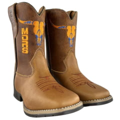 Bota Texana Infantil Os Moiadeiros Bico Quadrado Couro Fóssil Champagne Bordado Laranja Ref. 40 INF