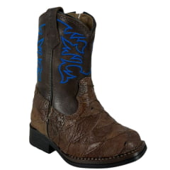 Bota Texana Infantil Strut Bico Quadrado Couro Avestruz Escamada Tabaco Cano Bordado Azul Escuro E Com Zíper Ref:ST2002