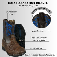 Bota Texana Infantil Strut Bico Quadrado Couro Avestruz Escamada Tabaco Cano Bordado Azul Escuro E Com Zíper Ref:ST2002