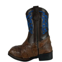 Bota Texana Infantil Strut Bico Quadrado Couro Avestruz Escamada Tabaco Cano Bordado Azul Escuro E Com Zíper Ref:ST2002