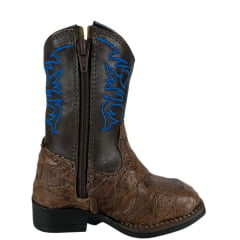 Bota Texana Infantil Strut Bico Quadrado Couro Avestruz Escamada Tabaco Cano Bordado Azul Escuro E Com Zíper Ref:ST2002
