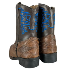 Bota Texana Infantil Strut Bico Quadrado Couro Avestruz Escamada Tabaco Cano Bordado Azul Escuro E Com Zíper Ref:ST2002