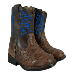 Bota Texana Infantil Strut Bico Quadrado Couro Avestruz Escamada Tabaco Cano Bordado Azul Escuro E Com Zíper Ref:ST2002