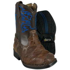 Bota Texana Infantil Strut Bico Quadrado Couro Avestruz Escamada Tabaco Cano Bordado Azul Escuro E Com Zíper Ref:ST2002